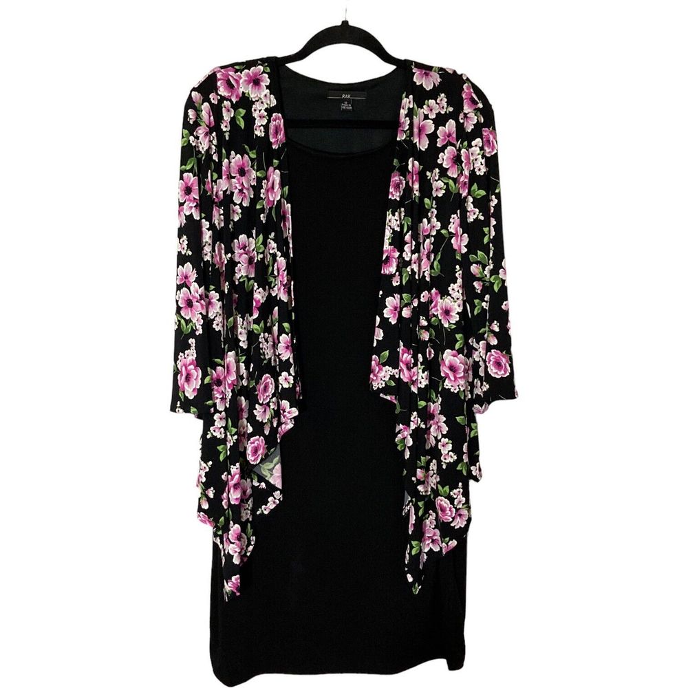 R & K Originals Womens 12 Faux Jacket Dress Black w/ Purple Floral Stretch EUC